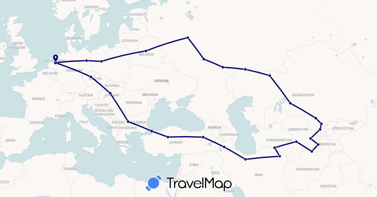 TravelMap itinerary: driving in Bulgaria, Belarus, Czech Republic, Germany, Hungary, Iran, Kazakhstan, Netherlands, Poland, Russia, Tajikistan, Turkmenistan, Turkey, Uzbekistan (Asia, Europe)